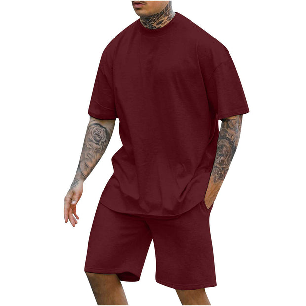 Men's Round Neck Drop Shoulder Top and Shorts Two-piece Set