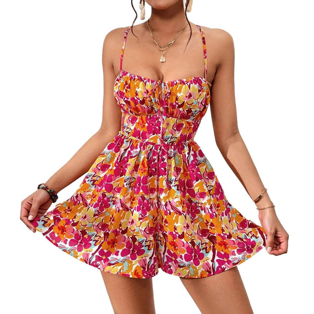 Women's Floral Print Dress Summer Lace-up Back Seaside Holiday Short Dresses