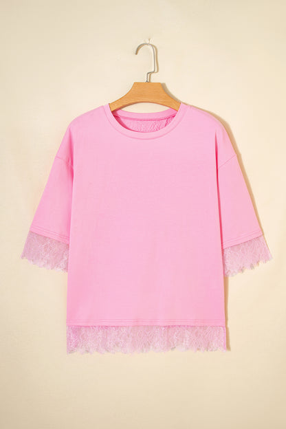 Pink Eyelash Floral Lace Patchwork Half Sleeve Oversize Tee