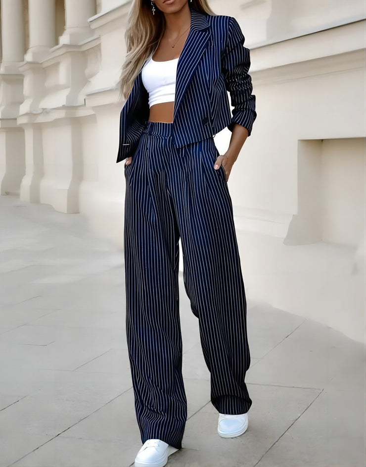 Woman Long Sleeve Cropped Top, Straight Pants Suits