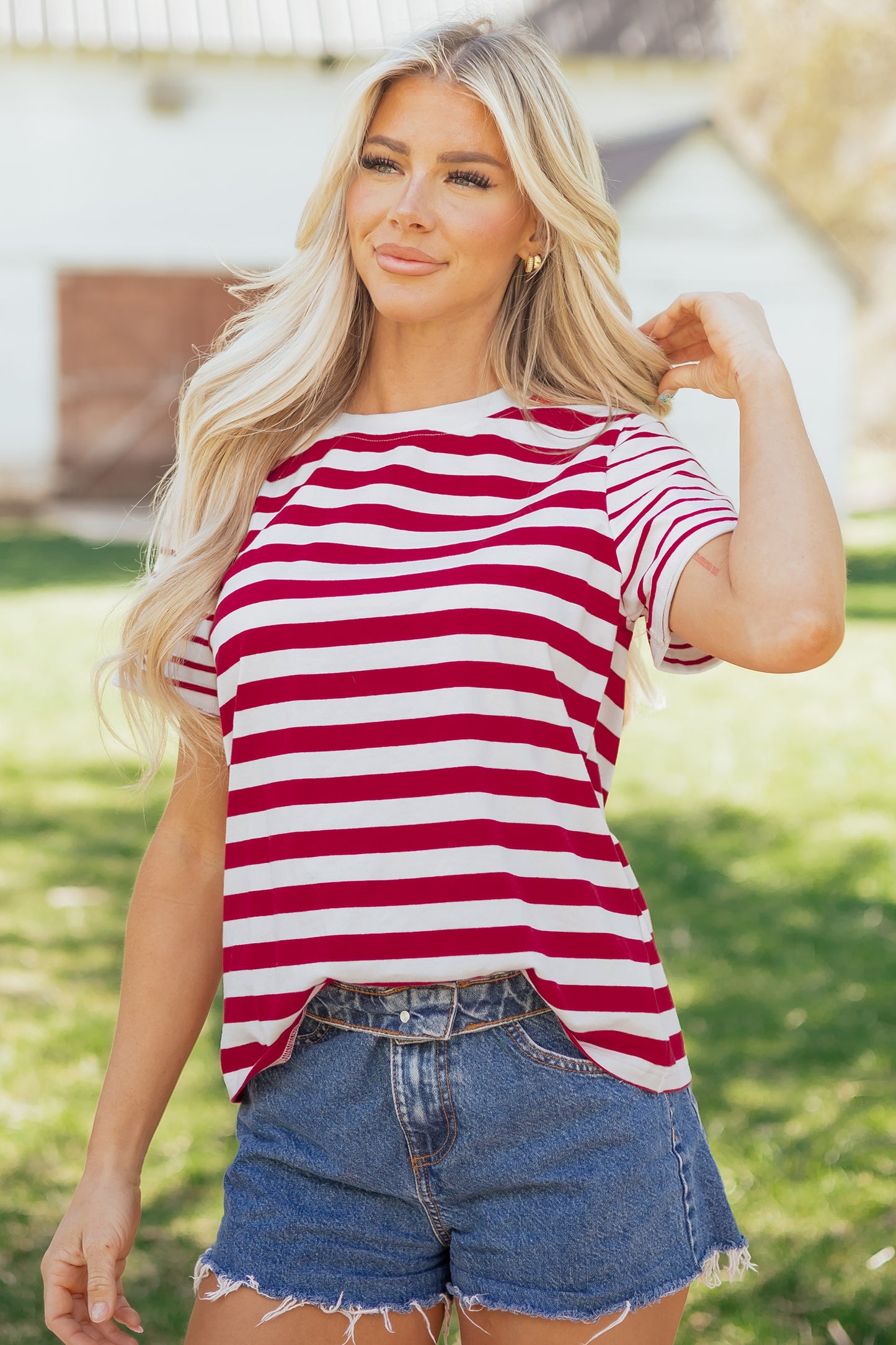 Red Stripe Patchwork Round Neck T Shirt