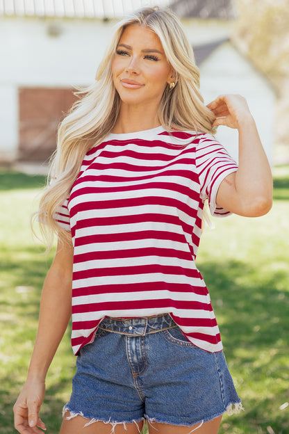 Red Stripe Patchwork Round Neck T Shirt