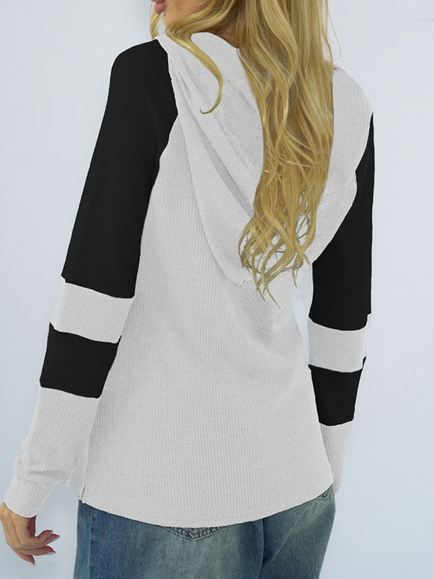 Shiny Waffle-Knit Raglan Sleeve Zipper Front Hoody