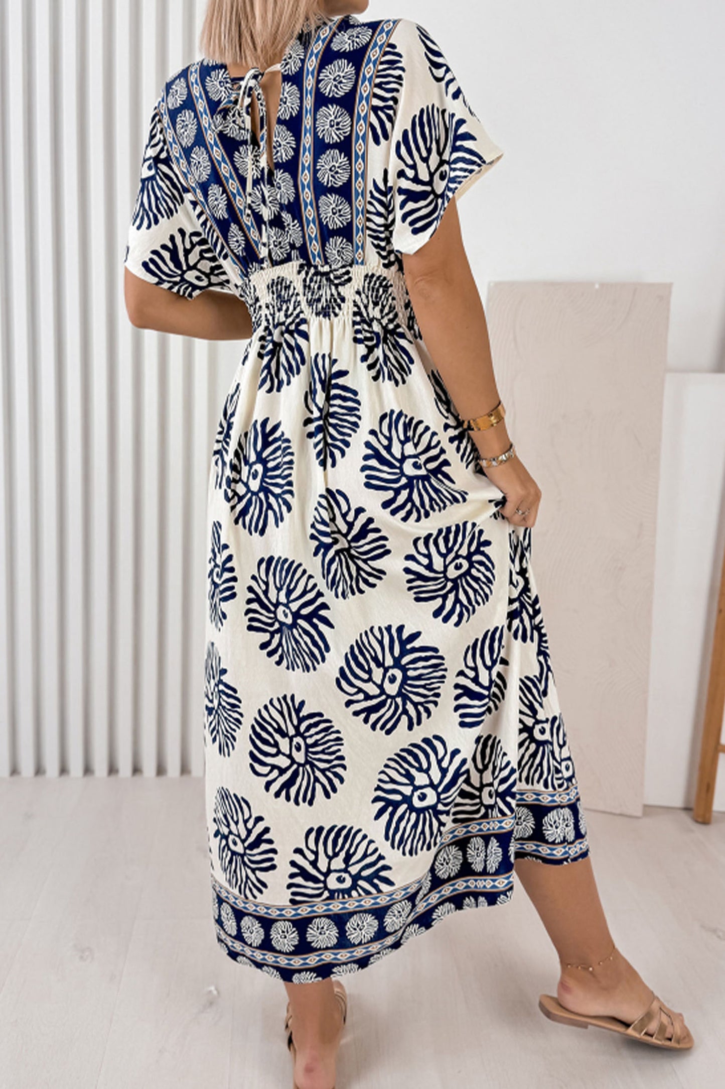 Blue Boho Floral Print Contrast Patchwork V Neck Dolman Maxi Dress