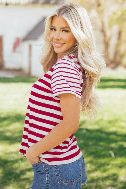 Red Stripe Patchwork Round Neck T Shirt