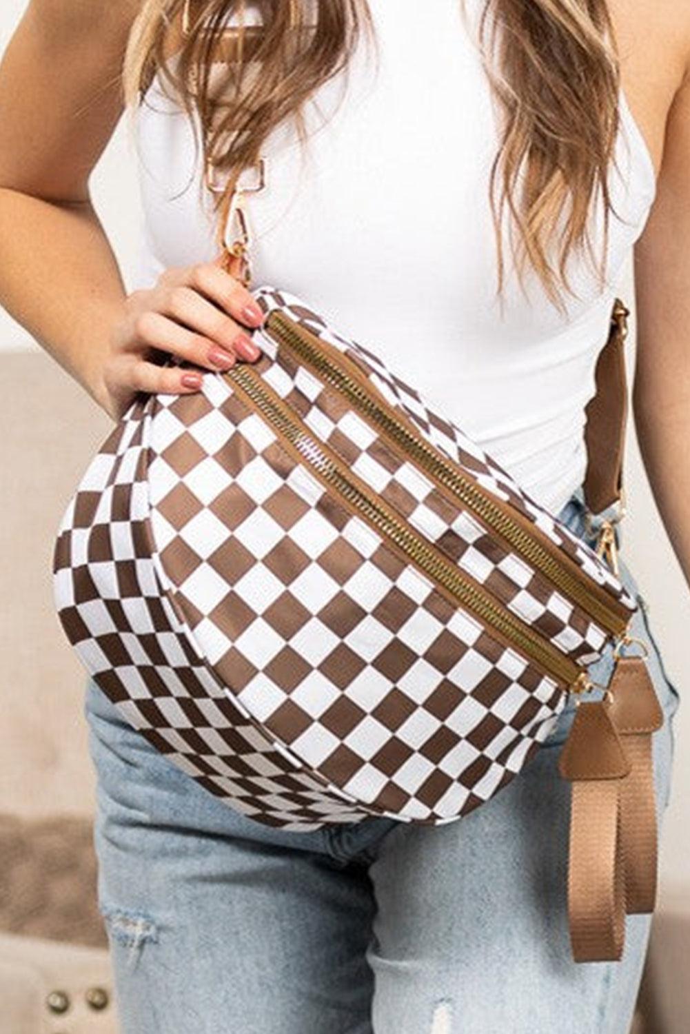 Color black Checkered Print Wide Strap Large Crossbody Bag