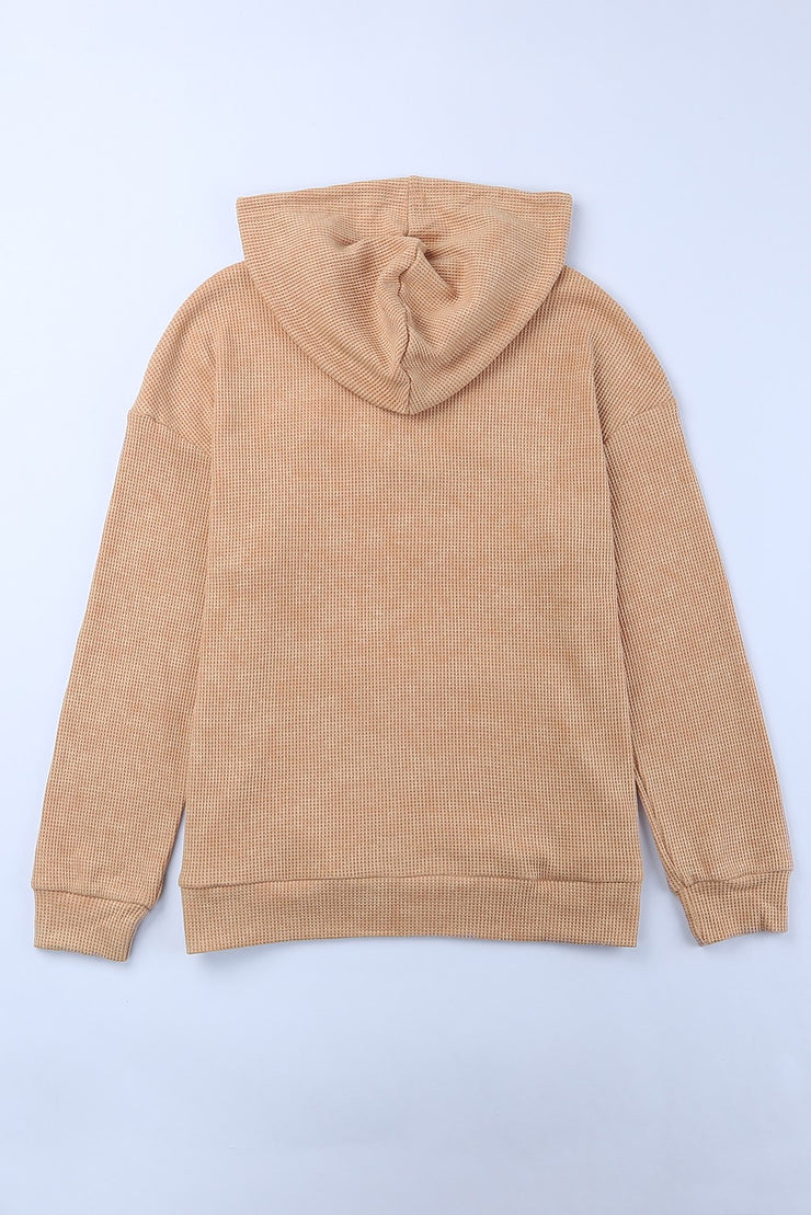 Waffle-Knit Drawstring Kangaroo Pocket Hoodie