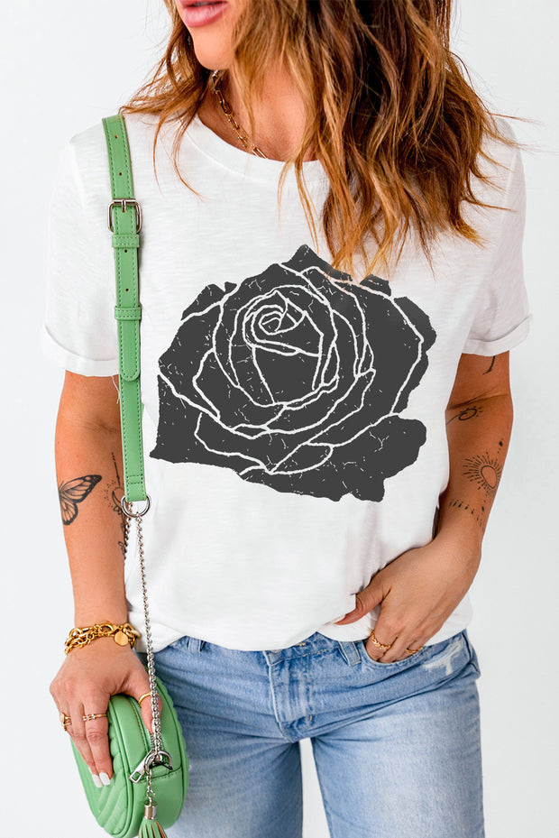 Rose Graphic Round Neck Short Sleeve T-Shirt