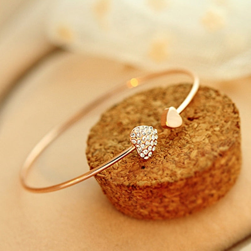 Adjustable Crystal Double Heart Bow Cuff Bracelet