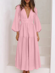 Deep V-Neck Balloon Sleeve Plain Maxi Dress