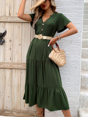 Perfee Tiered Notched Short Sleeve Midi Dress