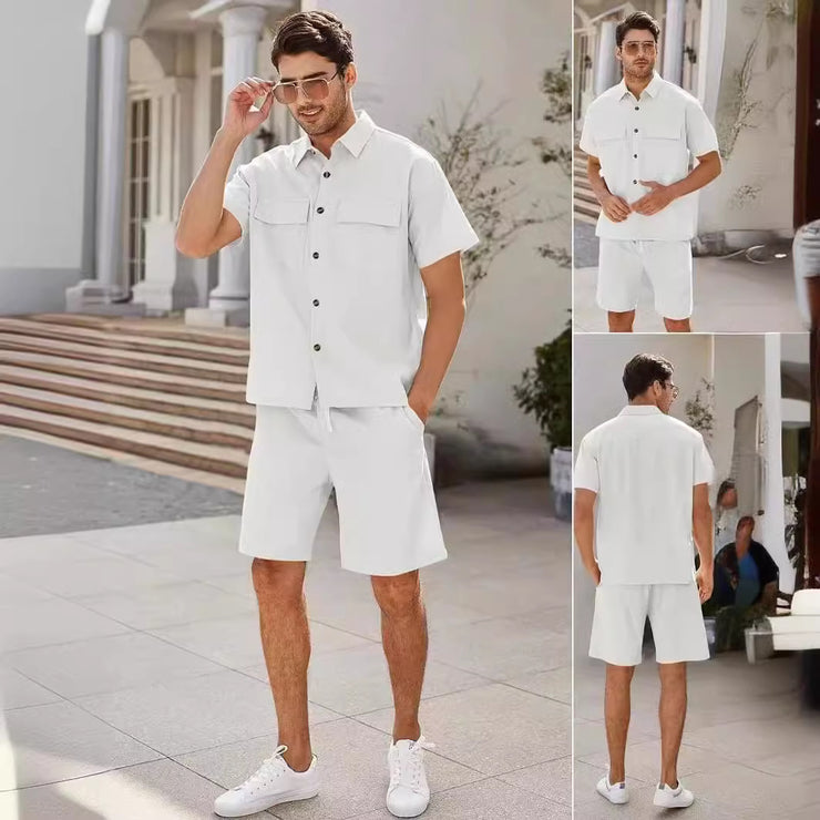 Men Short Sleeve Lapel Whit Pockets Set