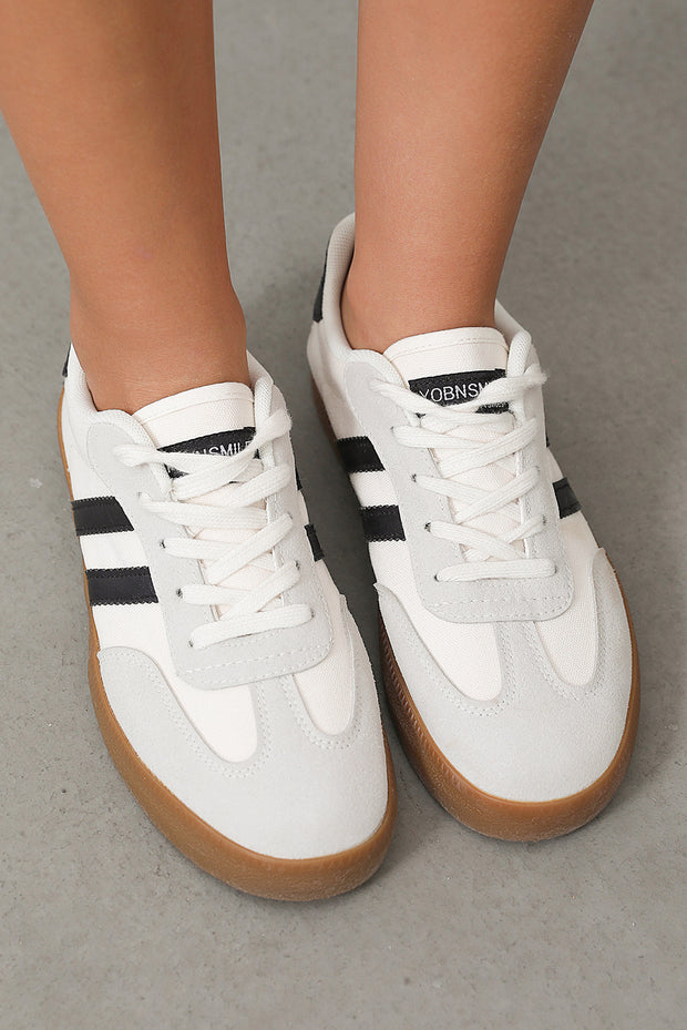 White Striped Lace-up Flat Sneakers