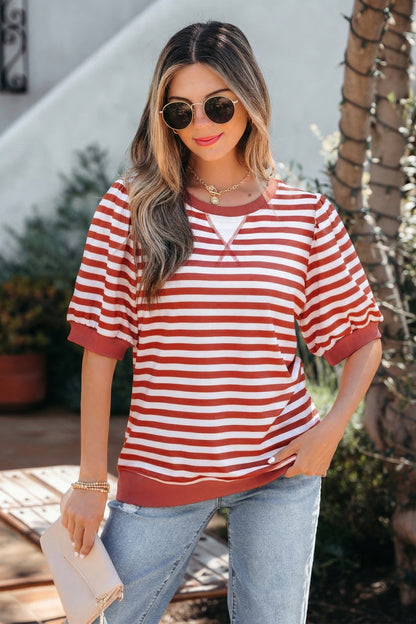 Sky Blue Stripe Short Bubble Sleeve T Shirt