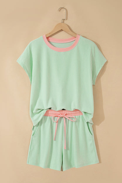 Yellow Cream Soft Ribbed Color Block Trim Casual Short Set