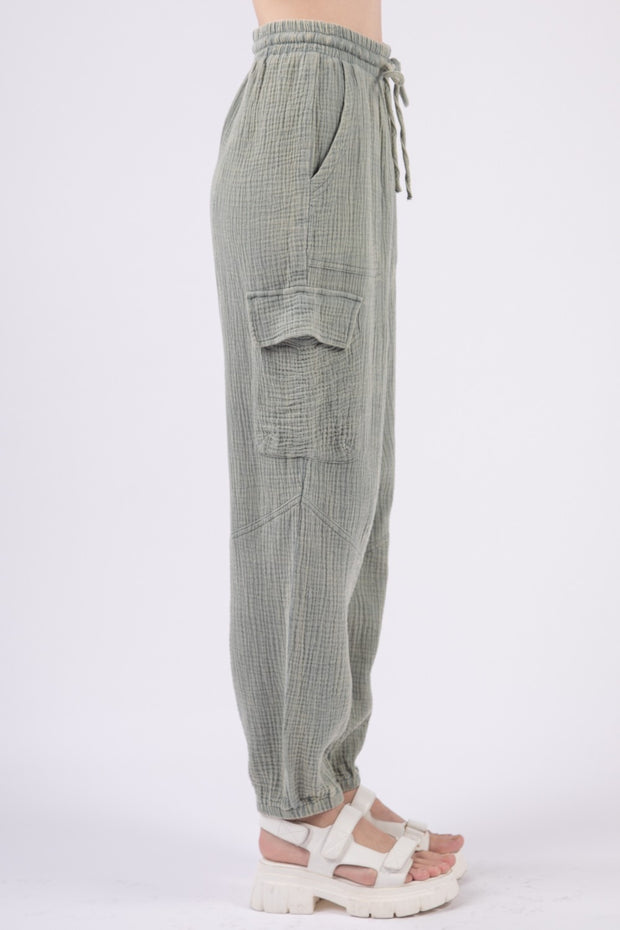 VERY J Washed Woven Crinkle Gauze Drawstring Pants