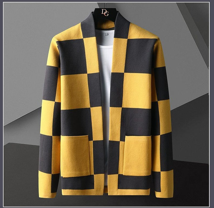 Trendy Plaid Hit Color Men Autumn Knit Cardigon