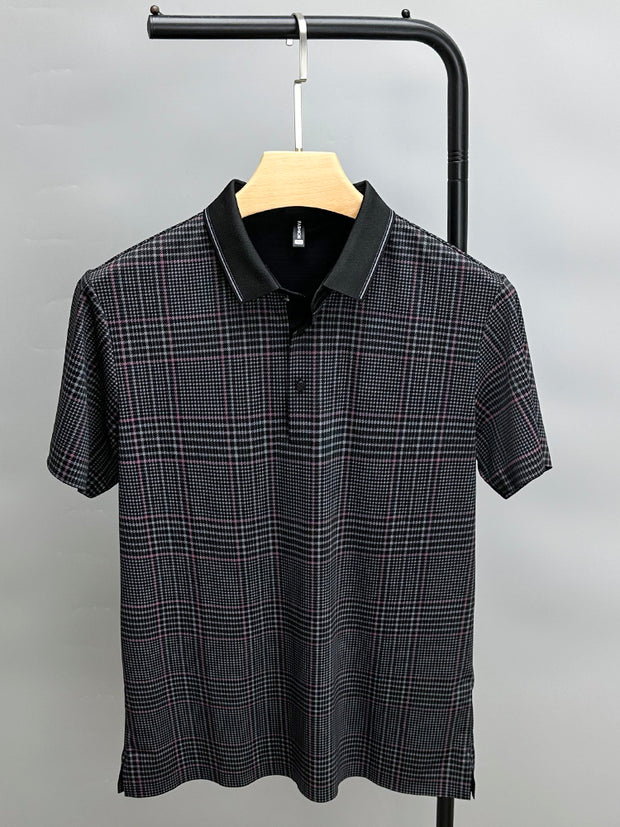 Men Traceless Collar Plaid Half Sleeve Polo Shirt