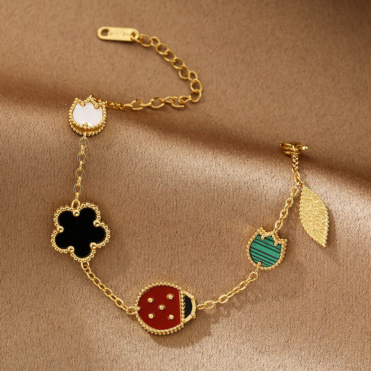 Cherry Blossom Stainless Steel Ladybug Double sided Fritillaria Bracelet