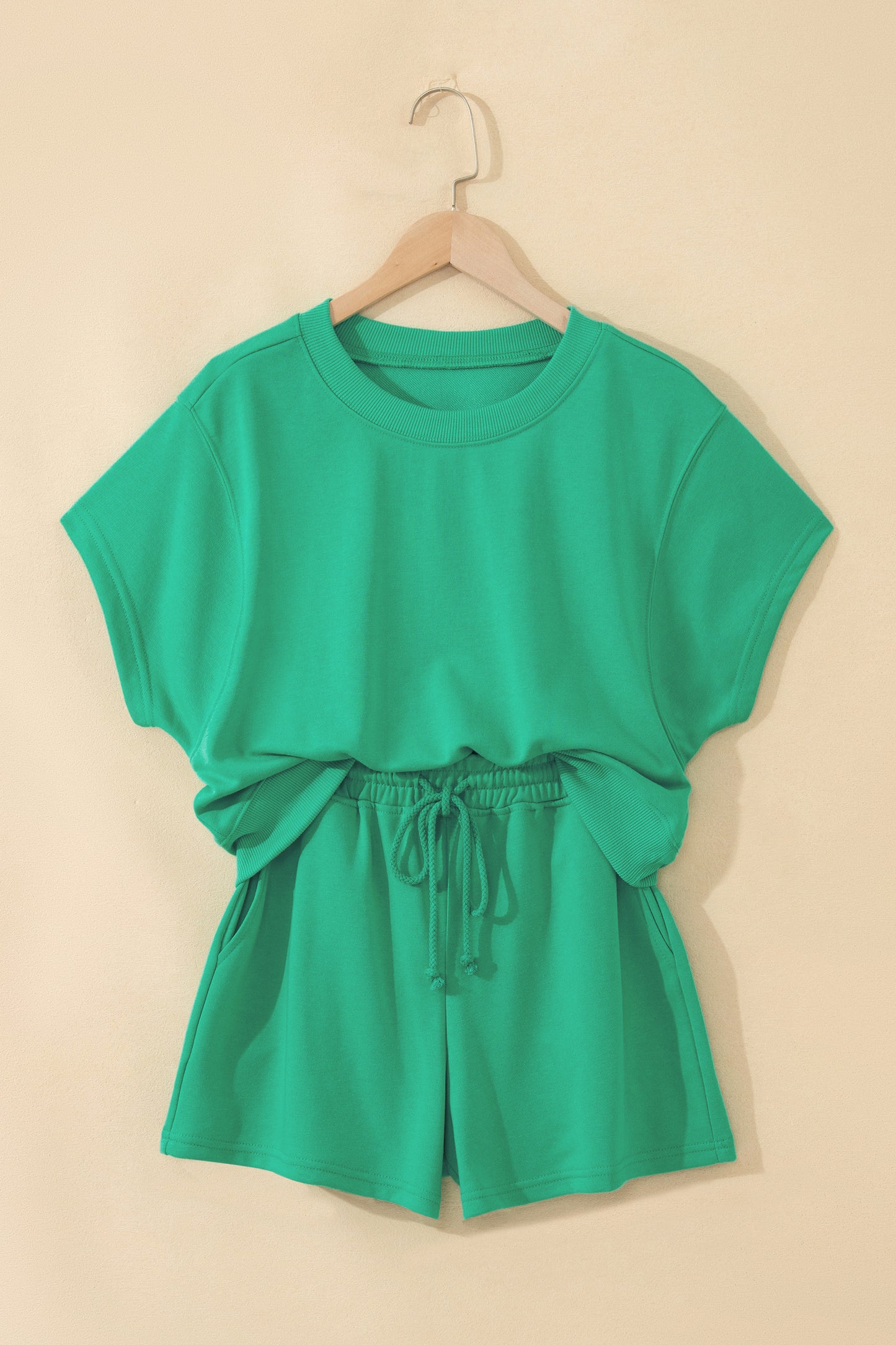 Mist Blue Solid Color Loose Tee Drawstring Shorts 2pcs Outfit