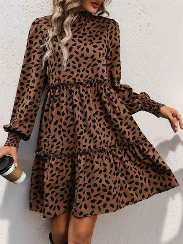 Perfee Frill Printed Mock Neck Long Sleeve Mini Dress