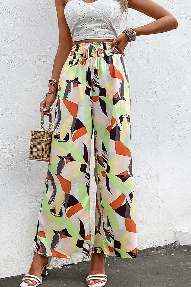 Shiny Printed Smocked Waist Wide Leg Pants