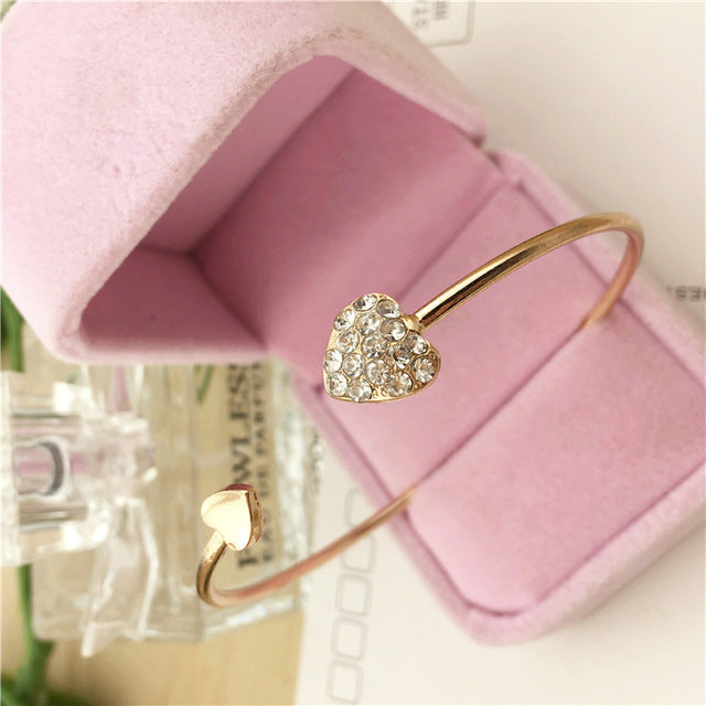 Adjustable Crystal Double Heart Bow Cuff Bracelet