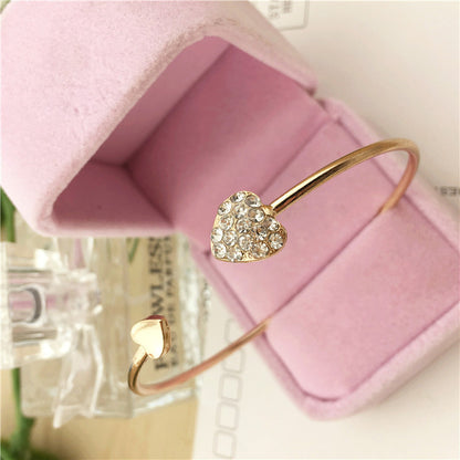 Adjustable Crystal Double Heart Bow Cuff Bracelet