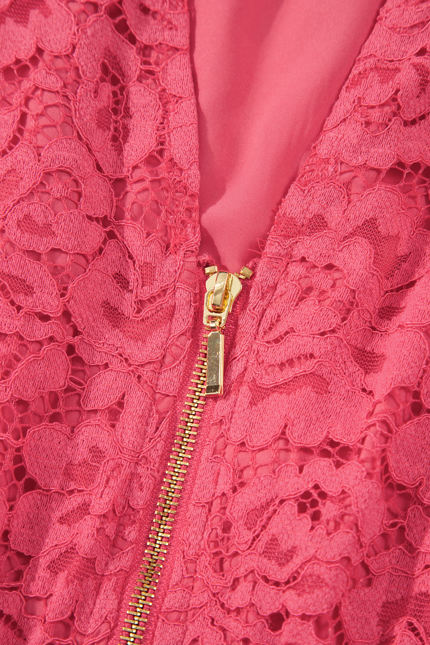 Coral Floral Lace Overlay Zip Up V Neck Smocked Waist Sleeveless Dress
