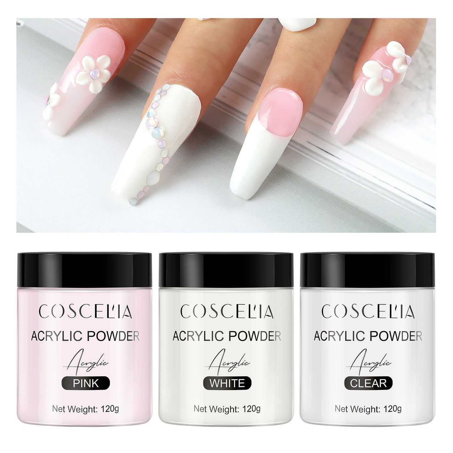 COSCELIA New 120g White Powder Transparent Crystal Powder 150ML Crystal Liquid Nail Shop Nail Tool Set