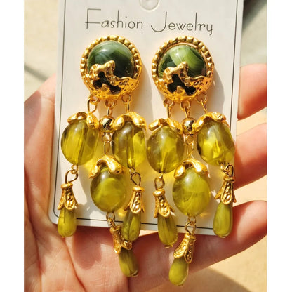 Olive Green Resin Long Tassel Drop Earrings