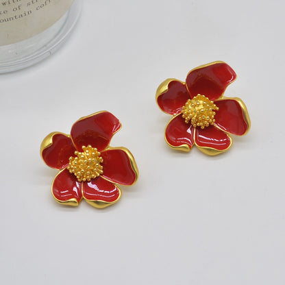 Heavy Industry Red Drip Oil Flower Earrings Vintage Fashion Earrings