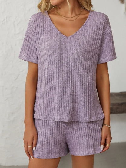 Solid Color Ribbed Short Sleeve Sleepwear Set