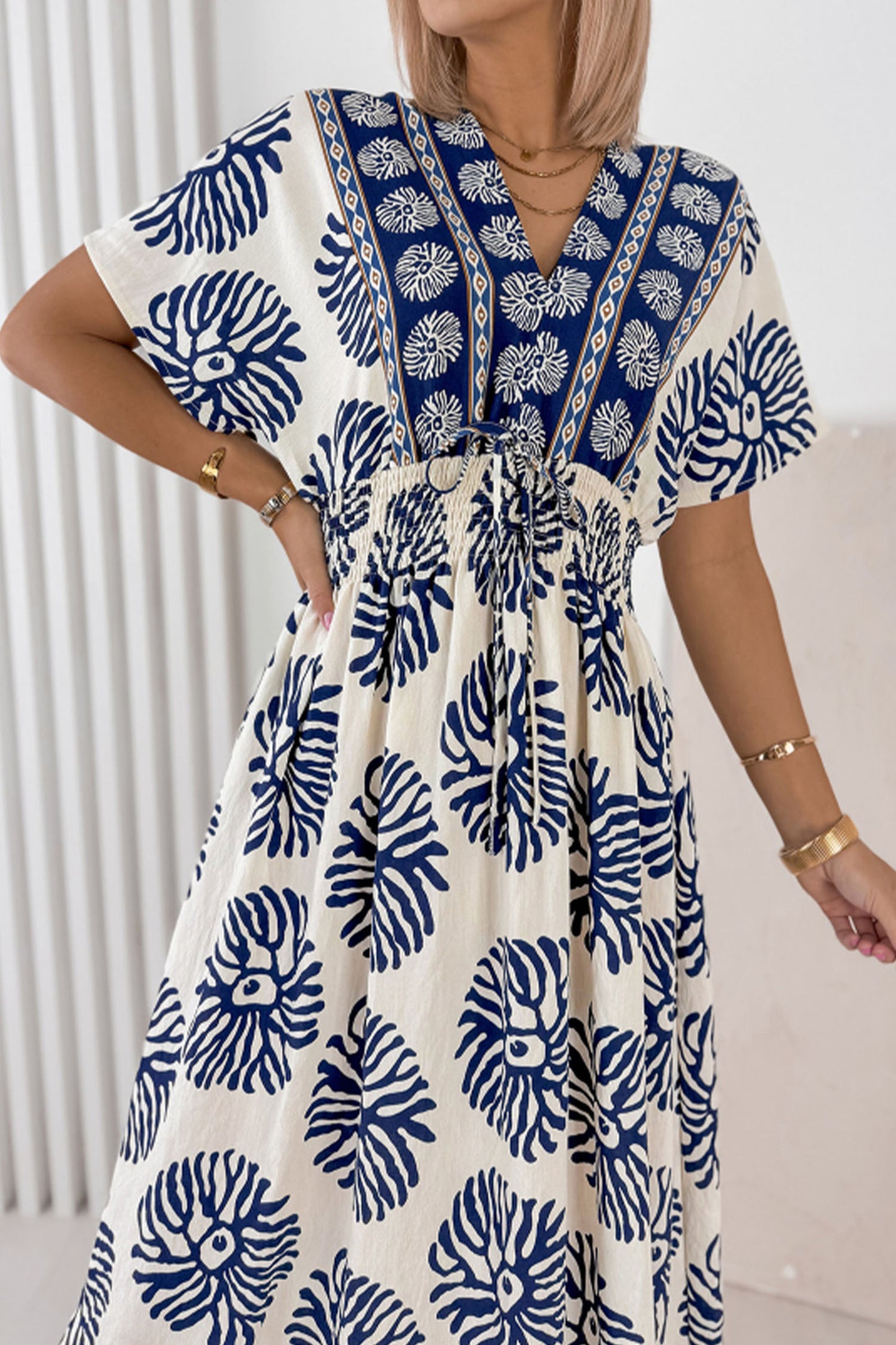 Blue Boho Floral Print Contrast Patchwork V Neck Dolman Maxi Dress