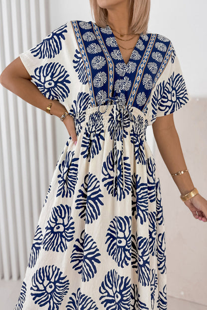 Blue Boho Floral Print Contrast Patchwork V Neck Dolman Maxi Dress