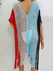 Fringe Color Block Scoop Neck Cover Up