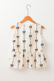 White Bow Printed Tie Closure Ruffled Vest