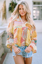 Printed Lace Trim Buttoned Blouse