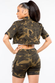 American Bazi Full Size Camouflage Short Sleeve Cropped Jacket