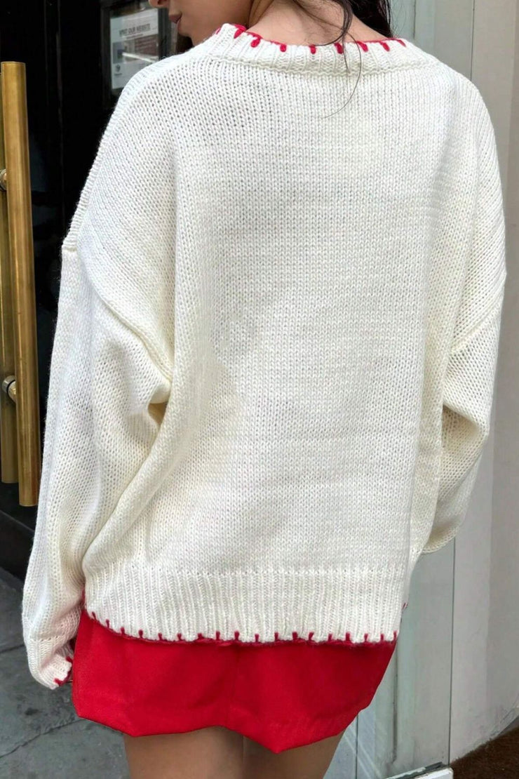 Bow Graphic Round Neck Long Sleeve Sweater