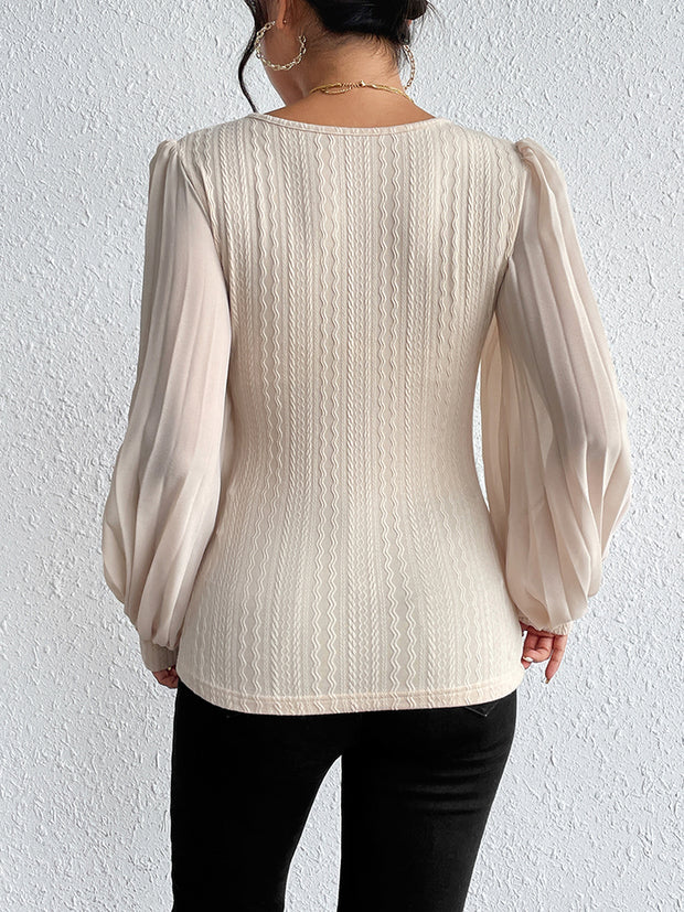 Honey Pleated Puff Sleeve Round Neck Blouse