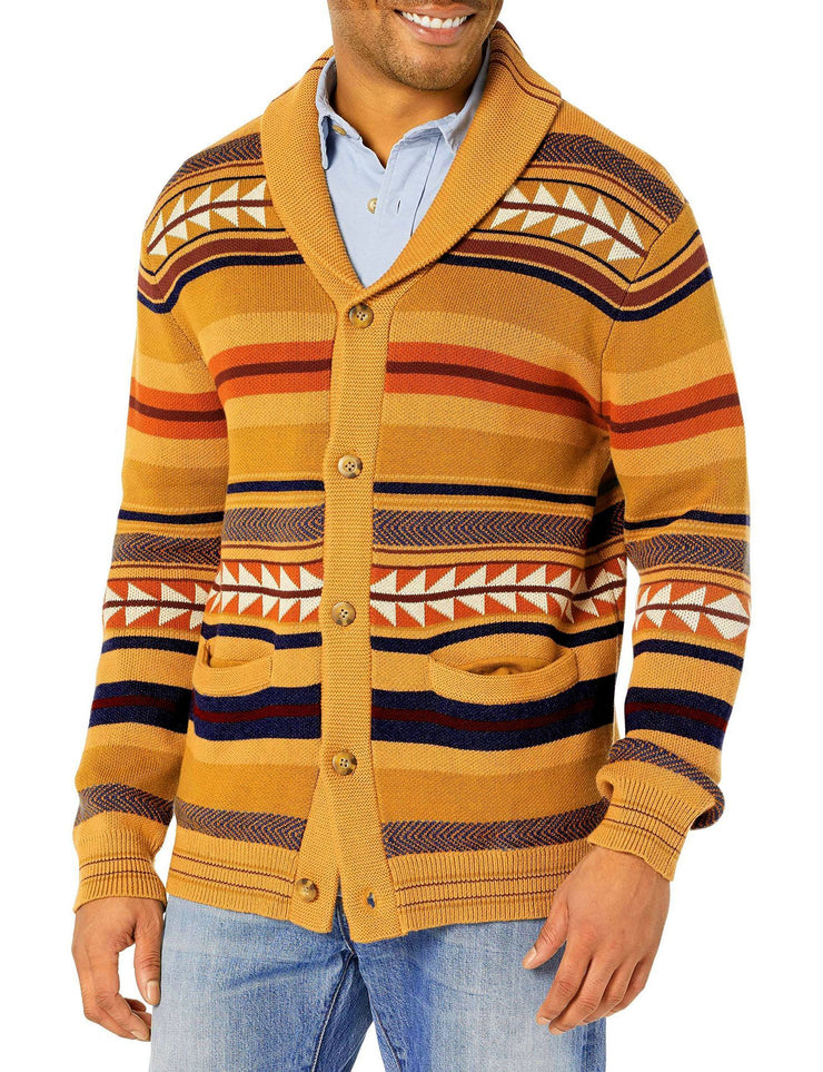 Contrasting Color Jacquard Knitted Cardigan For Men