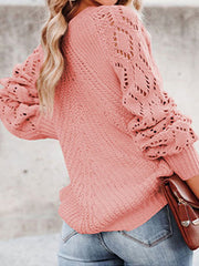 Openwork Round Neck Lantern Sleeve Sweater