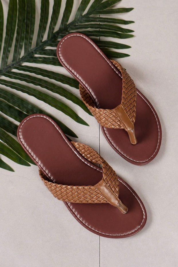 Chestnut Braided Strap PU Leather Flip Flop