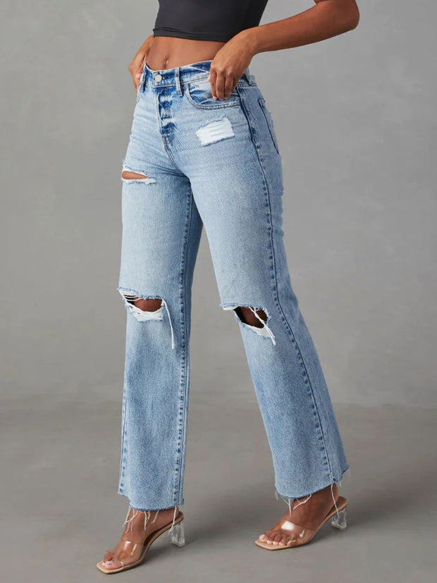 Distressed Straight Leg Jeans with Pockets