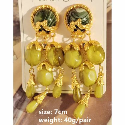 Olive Green Resin Long Tassel Drop Earrings