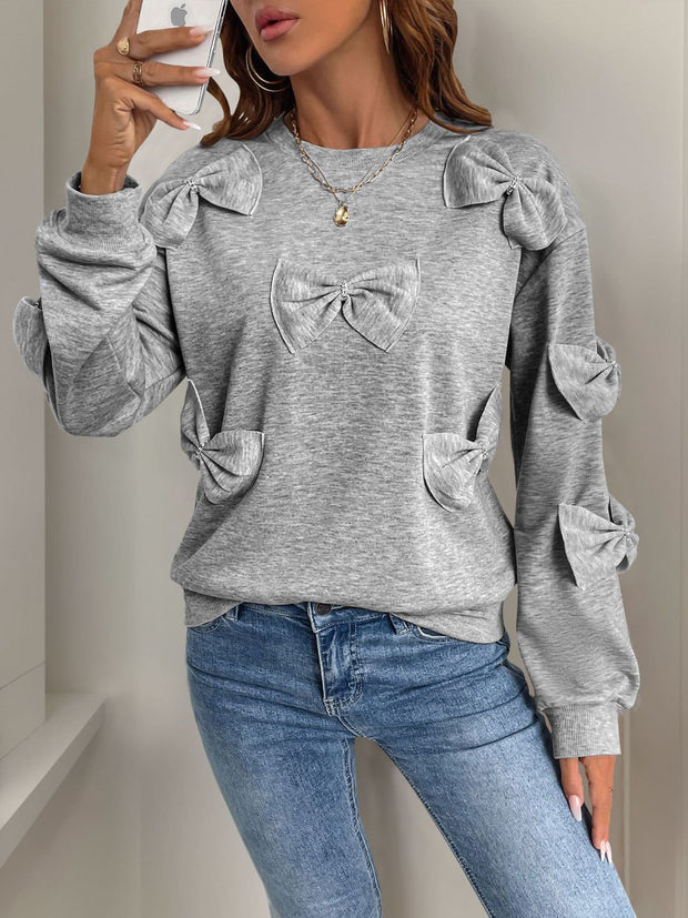 Perfee Bow Round Neck Long Sleeve Sweatshirt