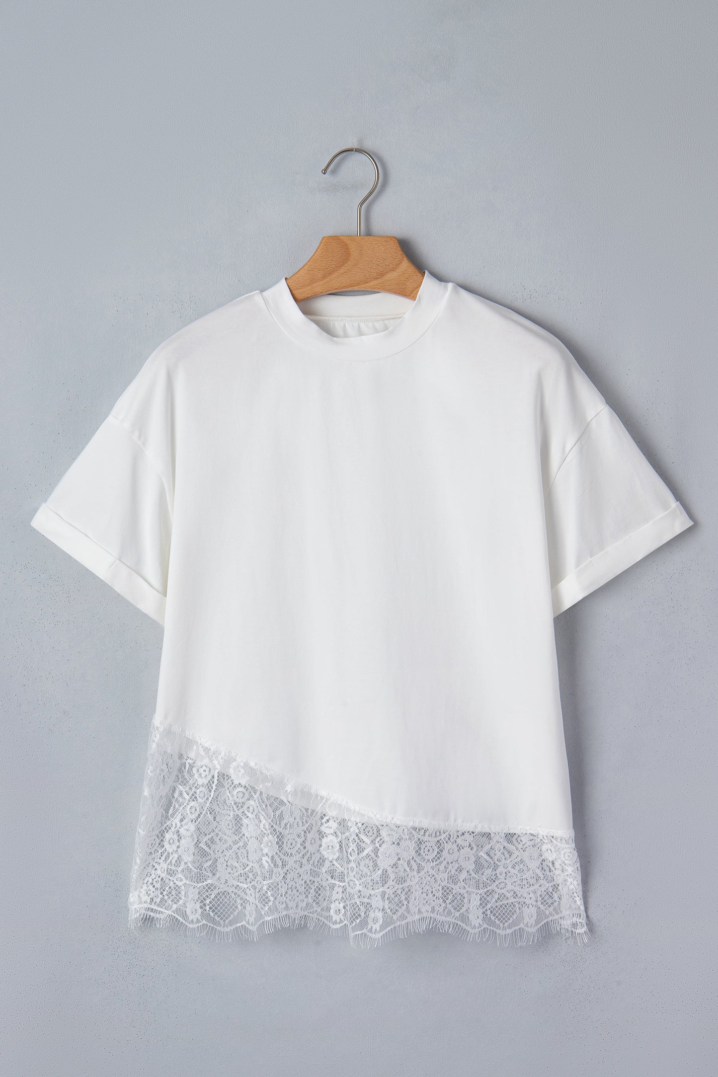 White Asymmetric Lace Hem Patchwork Tee