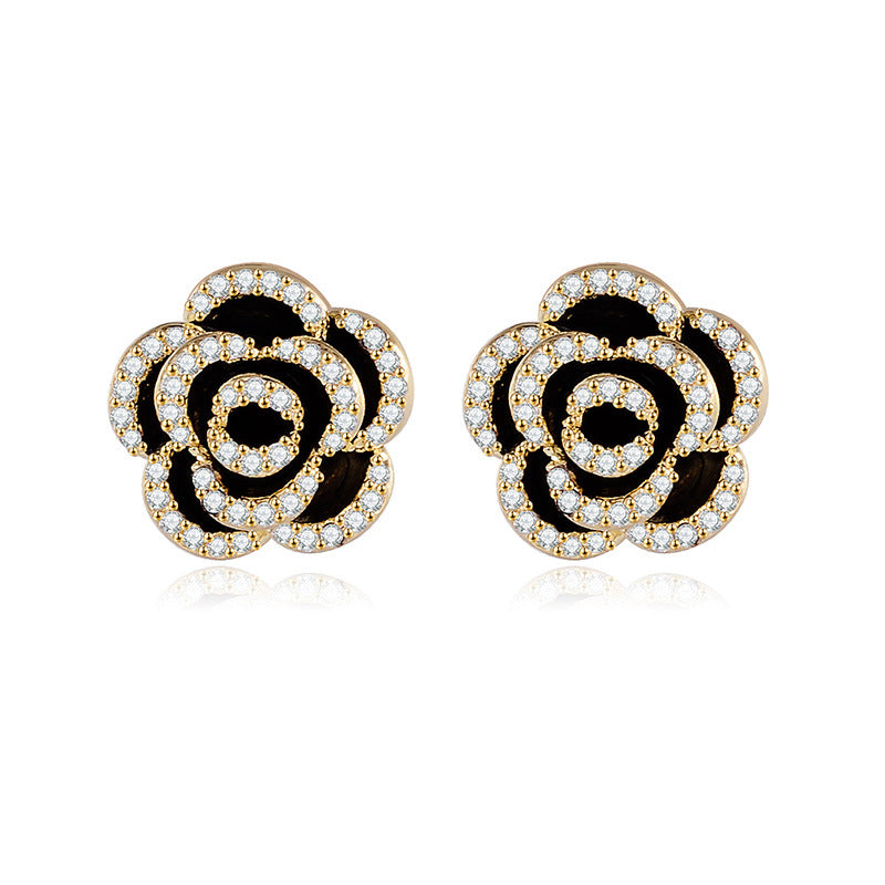 Retro Black Camellia Diamond Earrings – Light Luxury Simple Temperament Jewelry for Women