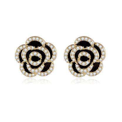 Retro Black Camellia Diamond Earrings – Light Luxury Simple Temperament Jewelry for Women